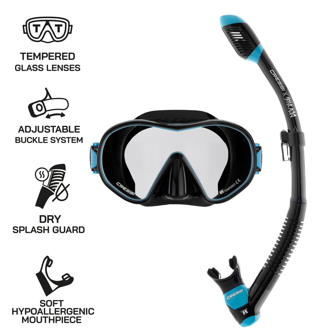 Cressi x Steve Aoki HiroQuest snorkel set, Limited Edition Black/Turquoise